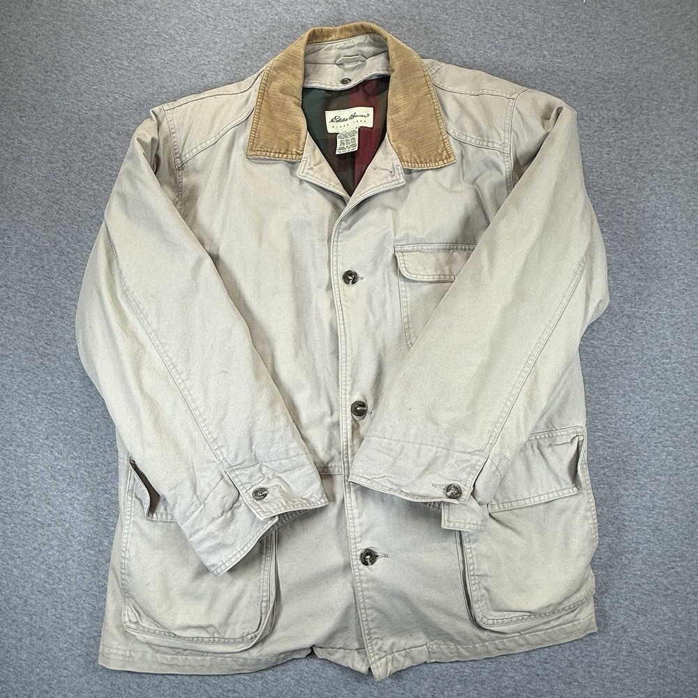 Vintage Eddie Bauer Chore Coat Corduroy Collar Goose Down Plaid Lined Mens Large